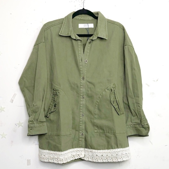 𝅺Zara basic Olive green lace trim denim jacket - Picture 1 of 10